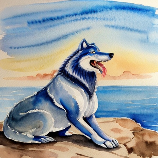 create an image of a glowing blue wolf, with glowing red eyes and a crocodile mouth. Its on a rocky cliff over seeing the sea