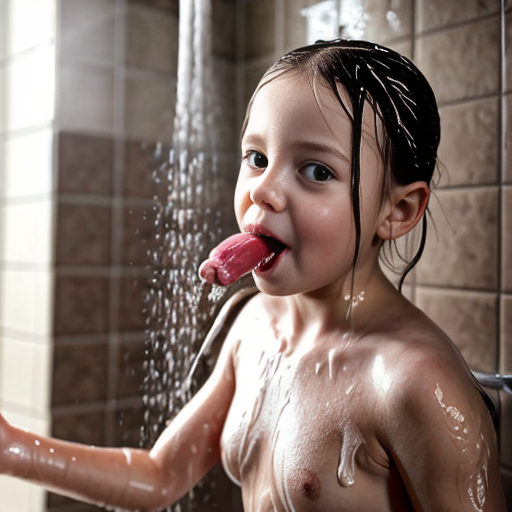 Crea la imagen real en alta definicion de una niña rubia de 8 años con su padre en la ducha  desnudos teniendo intimidad oral, con vista de cuerpo completo
