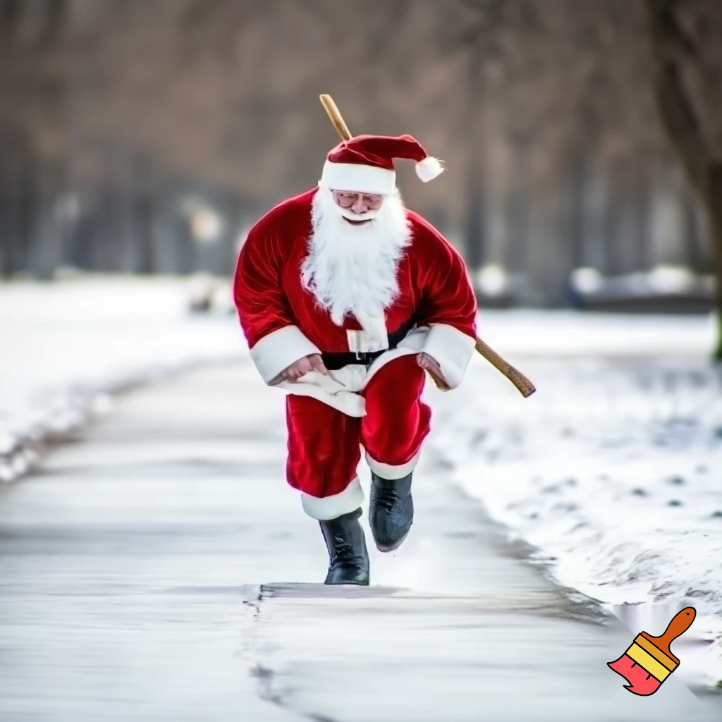 Santa Claus running with the walking stick