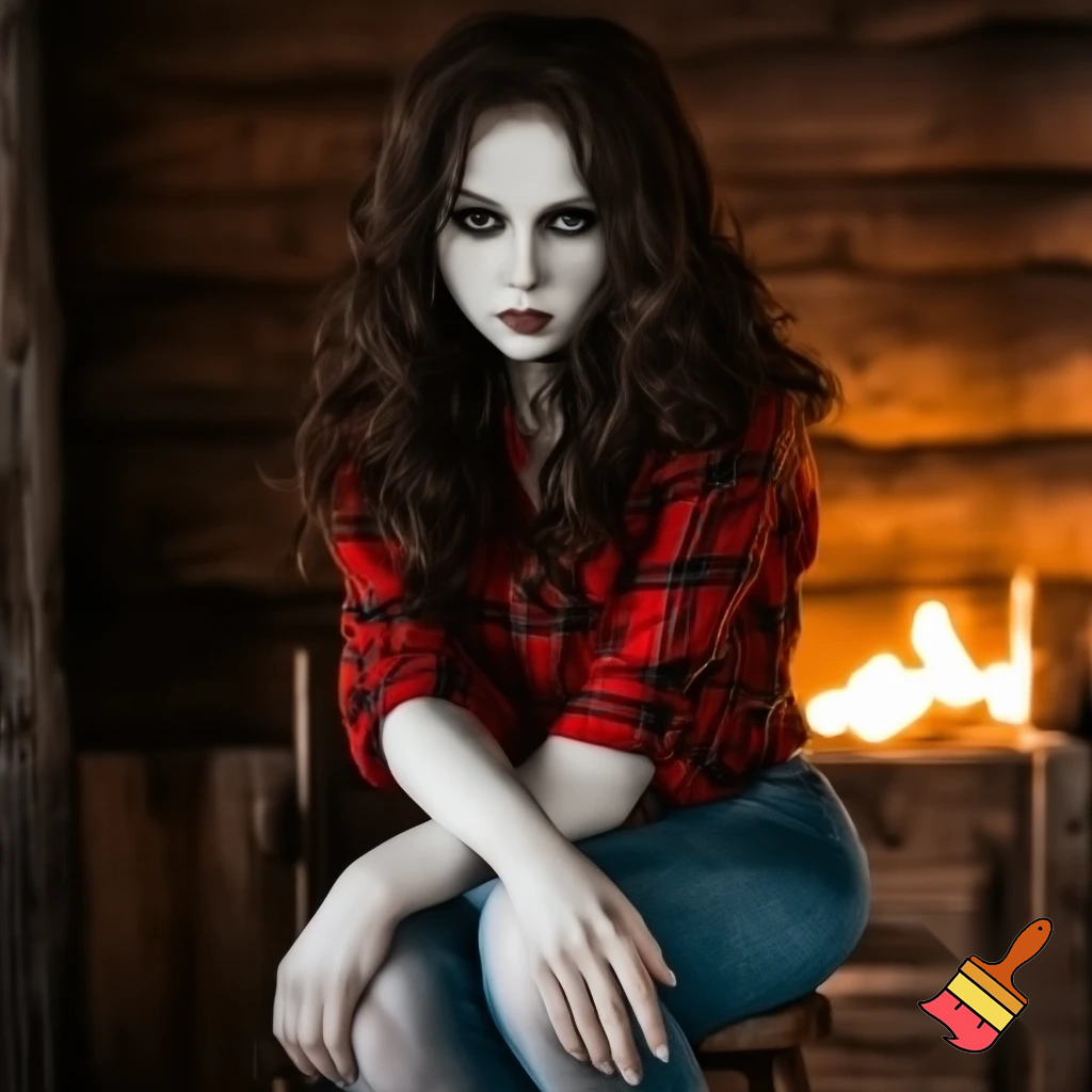 Woman. Somewhat realistic. Very pale skin. She is in a cabin. She is sitting on a wooden chair with her legs crossed. Her hands are folded in her lap. She has narrowed eyes. Her eyes are dark gray. She has dark brown wavy hair. She is wearing a red flannel shirt with sleeves that roll up to her elbows. She wears jeans. Her hips are curvy. Her bust is somewhat big