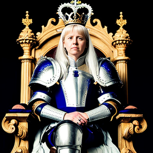 Tall, white-haired Queen of Poland in armor sitting on a throne