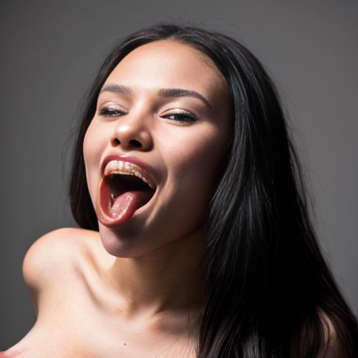 Zuri Tibby is an African American dark skin fashion model woman 5-foot-10. has a long black hair, naked  a long cylindrical shape inflated like a balloon inflated like a balloon oblong cylinder shape dark chocolate hot dog body sausage forming a long thin cylindrical balloon with breast and belly button with no visible definition of limbs with no visible definition of limbs she was screaming, being eaten and ripped by the giant human mouth of the mouth background giant white human face male mouth her body inside the giant mouth being eaten, biting and ripped by a giant human teeth closed on her body crush on her body biting it i