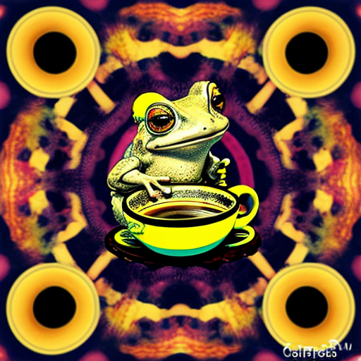 A hillarious, funny boho toad with some hippie colored coffee cups. Psychedelic decorated background.