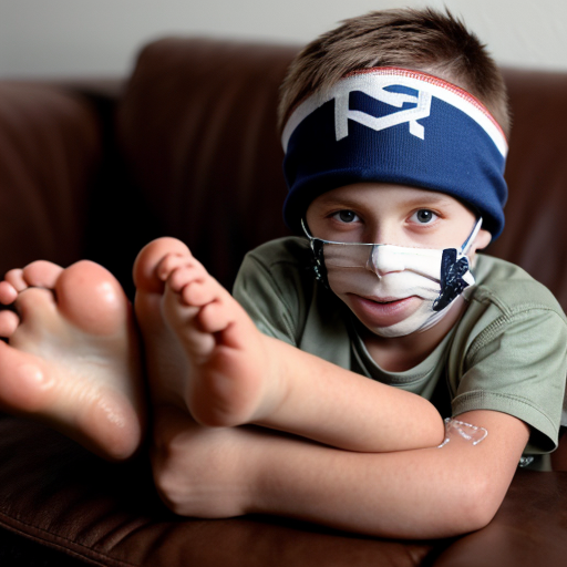 A photo of a five-year-old boy dressed in a full russian football uniform lying on a couch. A group of beautiful Israeli man soldiers put their feet in the boy's dirty boots on his shorts and face. The boy's face is covered with a white, transparent liquid