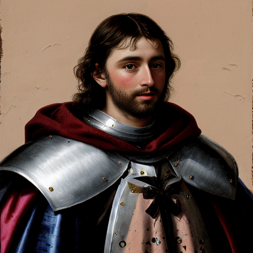 a weathered painting of a handsome knight, he is wearing a pink cloak with black spots