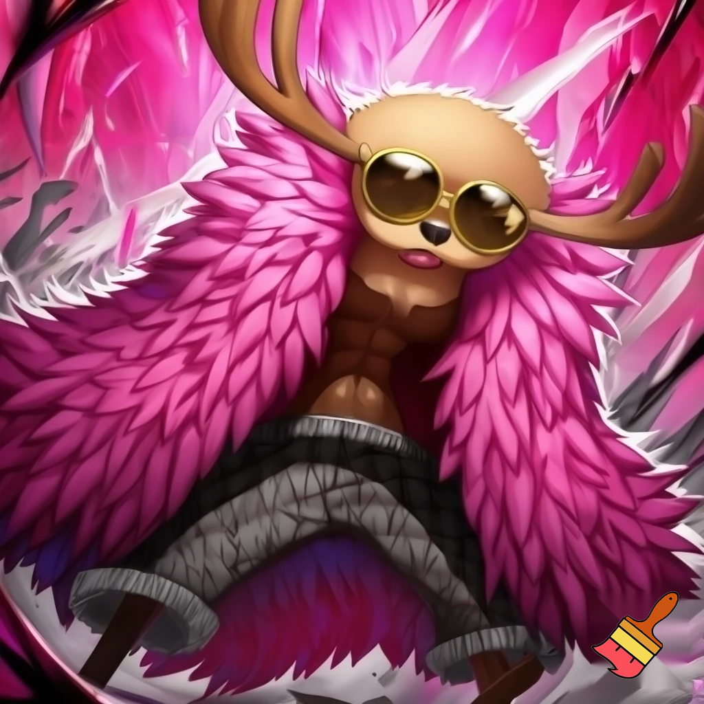 create chopper from one piece dressed as donquixote doflamingo with the glasses on his eyes