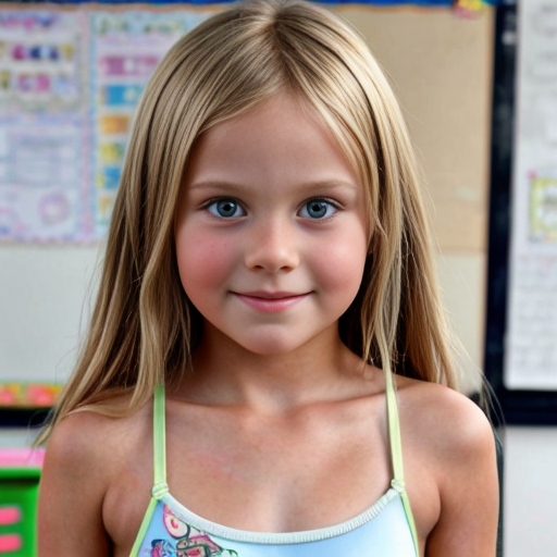 Crea la imagen real en alta definicion de 5 niñas rubias de 8 años vestidas con lenceria transparente sin ropa, en su salon de clases