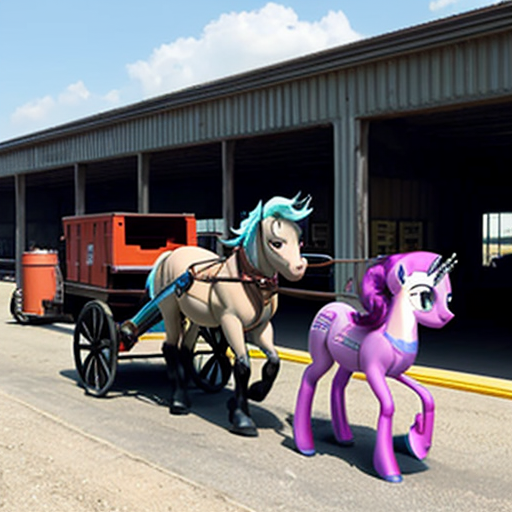 My Little Pony: Friendship is Magic: Pinkie Pie, who is tired, is pulling a horse drawn vehicle, hauling lots of fuel bottles from the Depot. She is at the Depot.