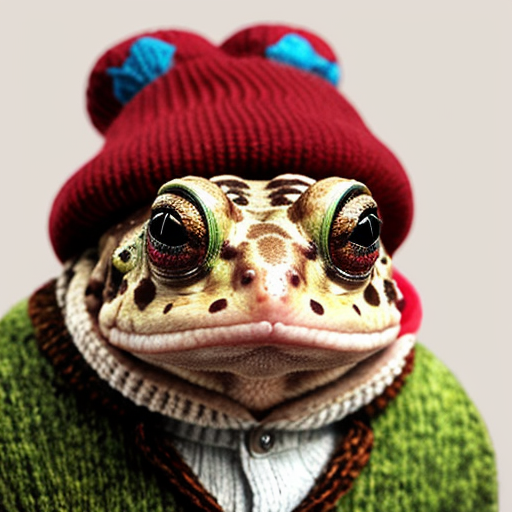 A laughable, puzzled animal toad in woolen, multicoloured winter clothings with woolen winter cap. Hyperrealistic style.