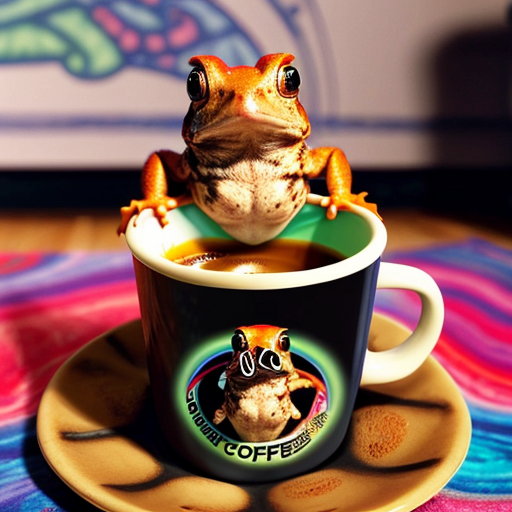 A hillarious, funny boho toad with some hippie colored coffee cups. Psychedelic decorated background, hyperrealistic. Close-up view.