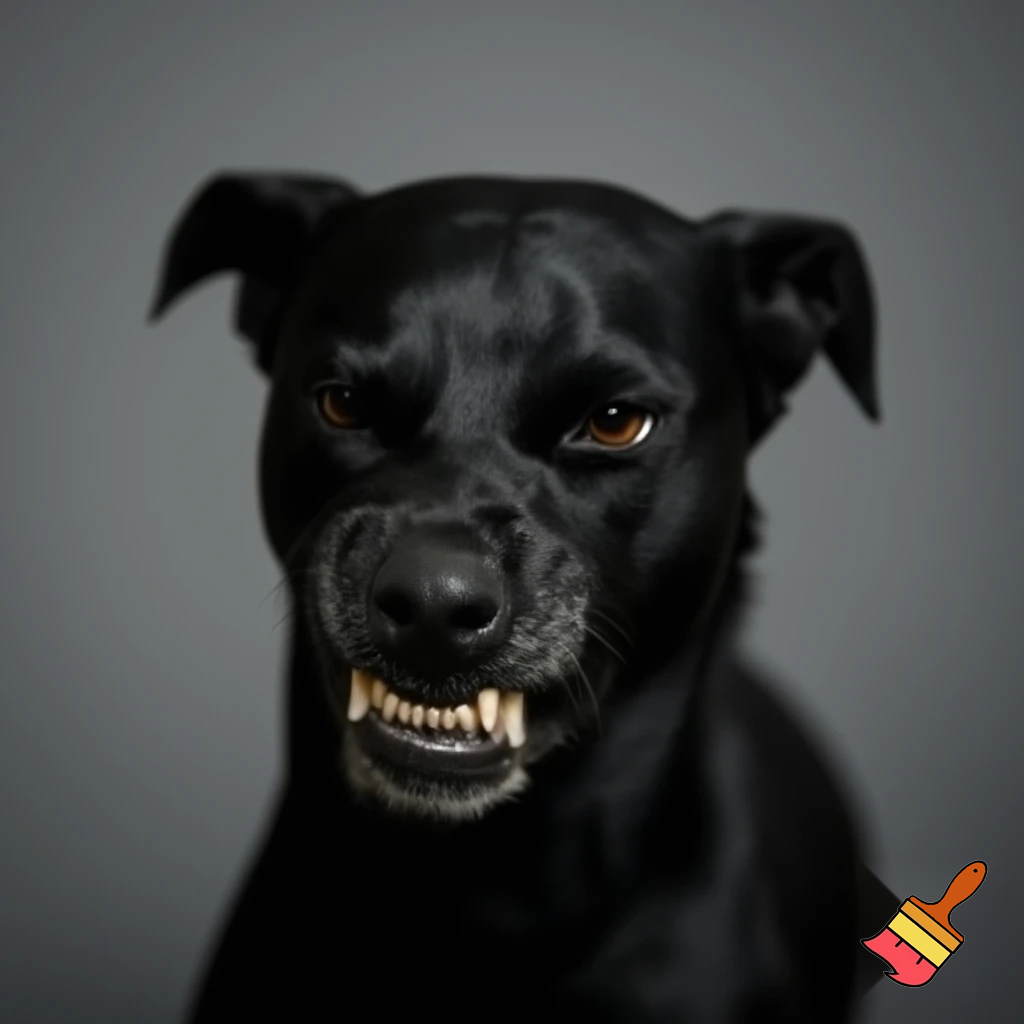 A black wild dog taking a mugshot looking DEADLY, sinister, angry and malicious