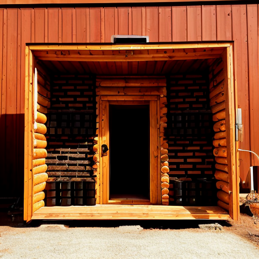 a cabin made of  bricks with a row of smokestacks on top so it looks like a small factory with a vault door instead of a regular door