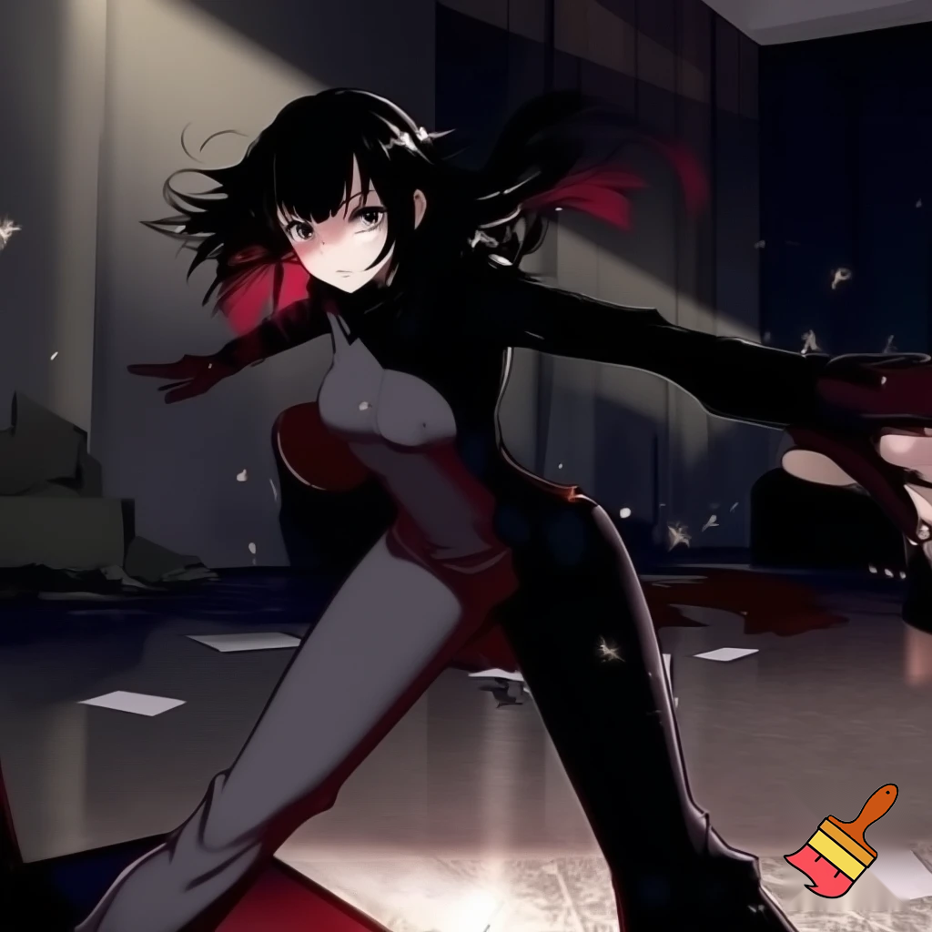 A anime girl with black long hair with bangs robbing a bank