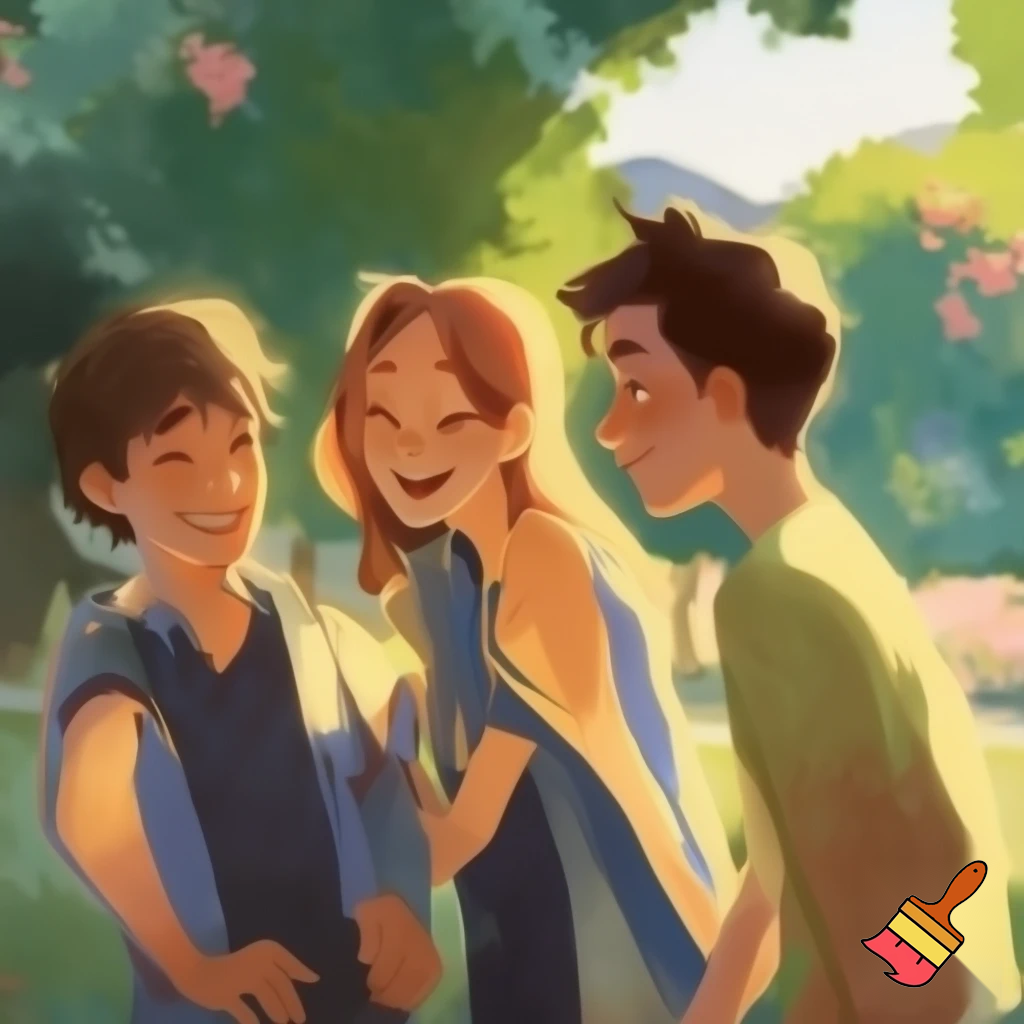 make an image of three cousins. 2 boys, one girl. they should be friendly teenagers 