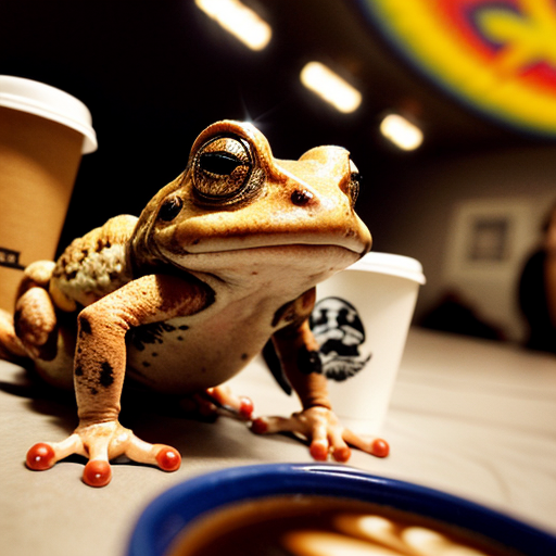 A hillarious, funny boho toad with some hippie colored coffee cups. Psychedelic decorated background, hyperrealistic. Close-up view.