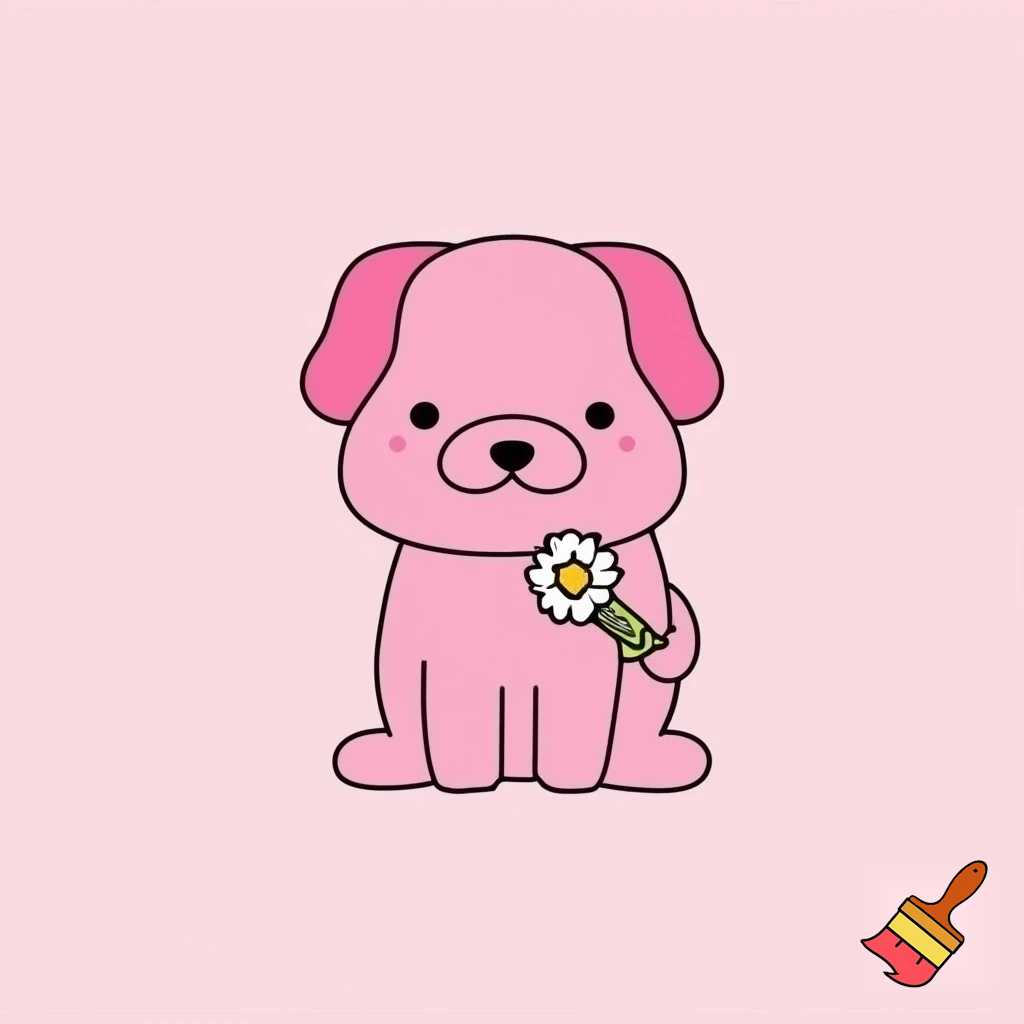 A minimalistic simple cute pink kawaii puppy holding a daisy flower, Japanese drawing style.