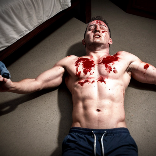 shirtless random man (neighbor, not everyone has 6 pack.), face are hiding by shirt, died already, chest are open wounded circle, blood everywhere, eye closed, floor (on random place like empty place) on corpse body.