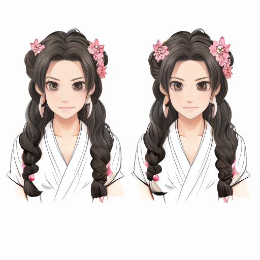 Generate a
Kny oc 
Using this
Sketch as a
Reference,
Make their
Skin
Brown
And
Hair
Dark
Fading into 
Purple/pink,
Star earrings,
Butterfly pins,
Colored lashes.
Character sheet,
Demon_slayer_artstyle,
Ufotable,
Official character sheet,
Original character,
Blasian,
Fluffy drill curls
Gentle look. Short/small eyebrows,
Princess curls. Hair tied into
Low twintails. Voluminous hair,
Blasian 
Oc,
Pretty. Make the
Color palette look
Cohesive and
Aesthetic,
Detailed 
Character sheet,
She wears a
Customised 
Demon slayer 
Uniform
With a haori
And a
Long,
Kimono like
Skirt and
Short 
Sleeves. Coily hair. 
Gentle, calm expression. 
Hashira.
20-25 y.o. detailed. Pretty hairstyle. Beauty. Baby hair on forehead. Styled. Edge control,
Elegant.
Female oc,
Thin lineart.
Dark uniform.
Patterned haori. Bedazzled anklet on leg. Authentic.
Fluttering.
Laid-back. Face framing curls.
Drill curls,
Princess-like. Tall,
Multi view. Gem/crystal
Hashira. Wavy long hair. Groomed hair. Beautiful  