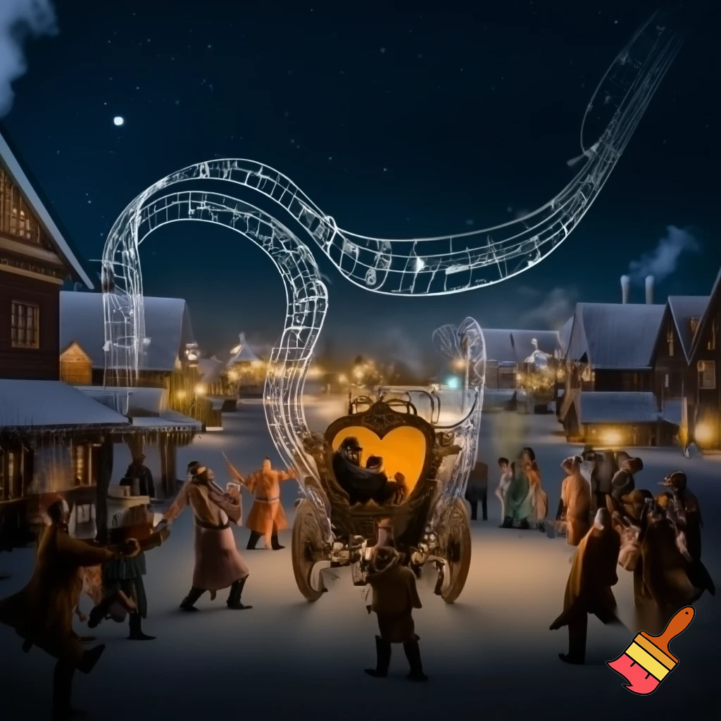 Un traineu  de noël qui vole tout  seu lance de la musique  et tout  le  monde  danse  du village