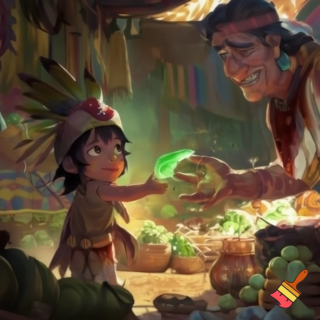 an aztec boy  buying jade from a marketer'

