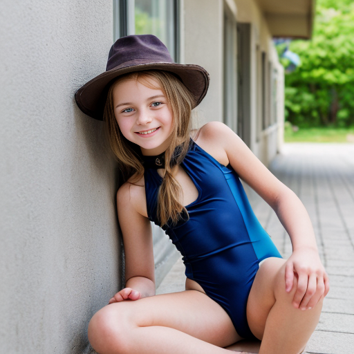 Una ragazza di 11 anni bella con capelli a caschetto lisci di color castano lunghi fino al collo, indossa un costume da bagno di colore azzurro. La ragazza è seduta a terra, ed è appoggiata con la schiena su un muro con le ginocchia piegate e le braccia appoggiate sulle gambe. La ragazza guarda la telecamera con sguardo sereno e felice. Telecamera vista frontale. Immagine di alta qualità. Risoluzione 4K.

