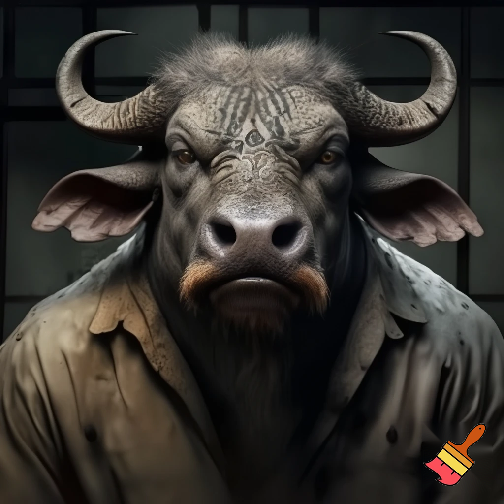 Water buffalo
deadly
feral
evil
guilty
face tattoo
prison outfit
mugshot