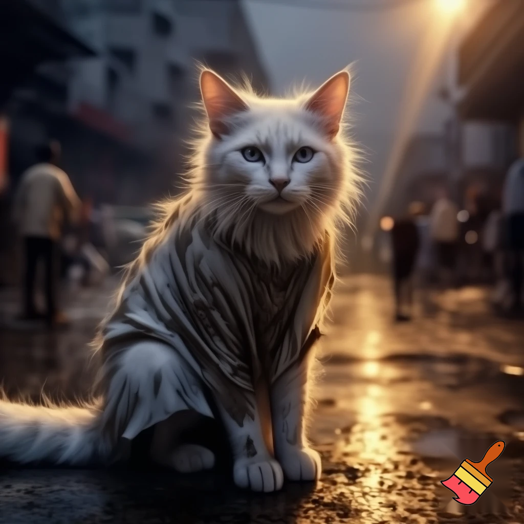 Beautiful 24-year-old white catgirl in torn dirty rags, **NOT pregnant**, slim waist, walking rainy Karachi street at golden hour, white cat ears drooping, long white tail dragging, icy blue eyes full of hope, bright sunlight beams, sparkling wet fur, emotional cinematic portrait, 8k
