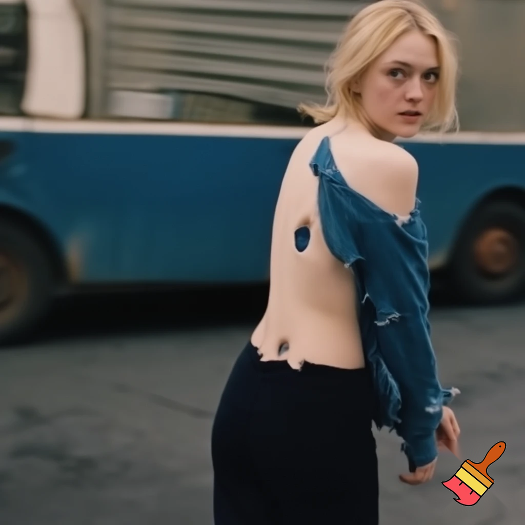 Dakota Fanning, various poses, torn clothes, street scene, close up shot, breast exposed, walking away looking over her shoulder 
