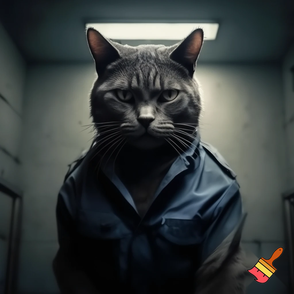evil, sinister, strong, cat in a police mugshot staring with dim lights jail suit