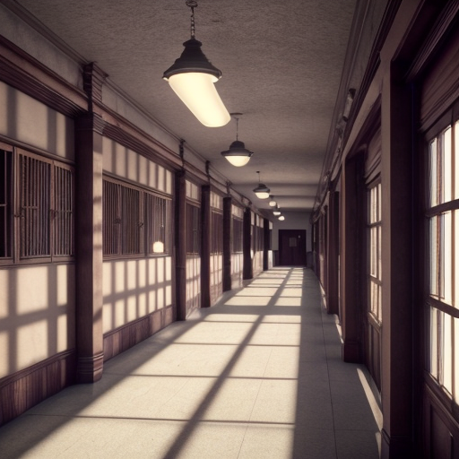 Empty school corridor in the morning, soft sunlight streaming through windows, dust particles floating in the air, nostalgic and calm atmosphere, soft shadows on tiled floor, subtle background of school bell ringing, cinematic Lofi lighting, warm tones, detailed realistic style, soft focus, emotional and serene mood"