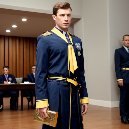 Hofrat in Hofuniform: Marineblauer einreihiger uniformrock mit 4 knöpfen, hellblaues hemd, dunkelblaue krawatte, dunkelblaue hose mit goldener doppelpaspel, schwarzer gürtel mit goldenem koppelschloss, pistole im Holster auf der linken seite, königsblaue kragenspiegel mit goldner lapisch-stickerei, Schirmmütze mit schwarzen schild mit goldenen Verzierungen, und dunkebllauem deckel