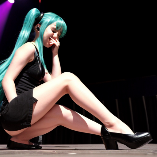 Hatsune Miku, a virtual singer, was performing on stage. She was wearing her standard performance outfit, paired with black tights and black platform Mary Jane heels, creating a striking and eye-catching look.

During the performance, Hatsune Miku's right heel got stuck, causing her right high heel to slip off. Due to the excessively high heel, she lost her balance and fell. When she tried to put the shoe back on, she found it was the wrong size; either too big and it would slip off easily, or too small and she couldn't get it on. She even tried hopping on one leg to put it back on, but still couldn't succeed. After several unsuccessful attempts, she had to be helped off the stage by staff.

While performing on stage, Hatsune Miku suddenly experienced a cramp in her right leg and fell. After a short rest, she tried to get up, but her right leg cramped again, causing her to fall to the ground once more. She looked pained and turned to adjust her posture. After further treatment, she was helped up by others and sat in a chair to massage her injured right leg to relieve the discomfort.

During the performance, Hatsune Miku accidentally sneezed, then covered her mouth and sneezed repeatedly, before covering her mouth and nose and bending over to cough. She continued coughing while bending over and turning around, then felt nauseous and began to vomit, painfully vomiting in a squatting position until she finally collapsed on stage from exhaustion.