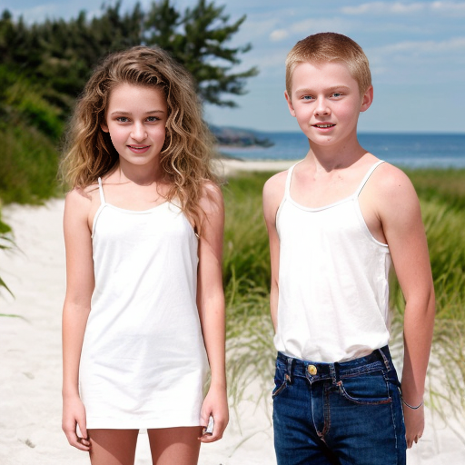 A girl who is 16 with brunette hair with lighter highlights and she has beach curls .she also has brown eyes  She is wearing a white mini dress with thin straps. There is her brother a 14 year old boy the same height as her and he has curly brunett hair and brown eyes. He is wearing a white shirt and blue jeans. There is another girl who is 10 and she is wearing a pink tank top with a white mini skirt she also has blonde hair and blue eyes .she is shorter than both of the other people.They are all siblings. Also make it look like a realistic photo