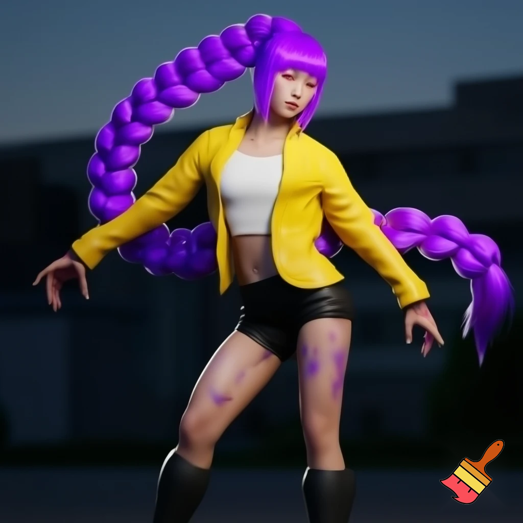 rumi, the main character in the animated film KPop Demon Hunters, is described as a slim and athletic young Korean woman in her early twenties. Her physical description in the film is highly stylized to reflect K-pop idol beauty standards, but the character design also emphasizes her strength and agility as a demon hunter. ties, reconciling her dual nature and the markings that appear on her skin. The hair is a vibrant, brilliant purple (often described as lavender or lilac in fan discussions). Unlike the demon patterns on her body which change color, the purple hair is a static feature that she has had since childhood, suggesting it is a natural result of her half-demon heritage rather than dye.
Style: Her hair is typically styled in a very long, high-swept braid that reaches down to her calves or even ankles. The specific braiding technique is most often a dragon braid or pull-through braid, which gives it a voluminous, segmented, and rope-like appearance that can whip around dramatically during fight scenes. with a yellow jacket and a white top and black pants  shorter like the top of a leg and black boots