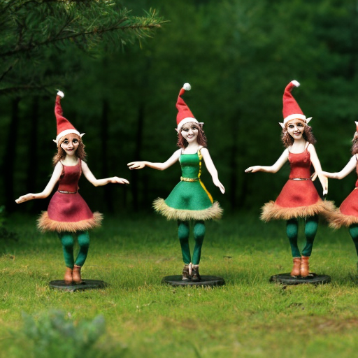 Create five elves singing and dancing in the middle of the forest