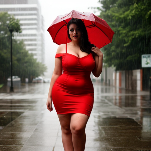 A 18 curvy sexy girl in a red dress in the rain