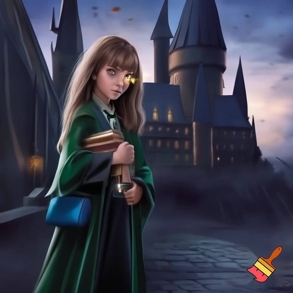 Make me a picture of a young 5'2, 14 year old girl with straight brownish-blonde hair and pale skin and glasz colored eyes. She is wearing Slytherin robes and standing in front of Hogwarts holding her books and she has a small blue side bag