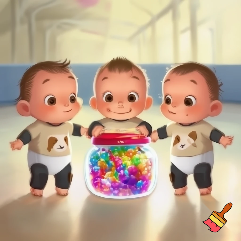 ### 🧸 **Cartoon / Nursery Rhyme Style Prompt**

A cute cartoon illustration of three baby triplets standing together on a shiny indoor floor. Each baby wears a beige puppy-print shirt, diaper, and black knee pads. The baby in the middle holds a colorful candy jar full of rainbow candies, smiling sweetly. The babies have round faces, big expressive eyes, and soft pastel coloring. The background shows a cozy playroom or skating rink with bright lights and soft shading.
**Style:** nursery rhyme illustration, soft pastel colors, hand-drawn look, warm lighting, cheerful and playful mood.

---

