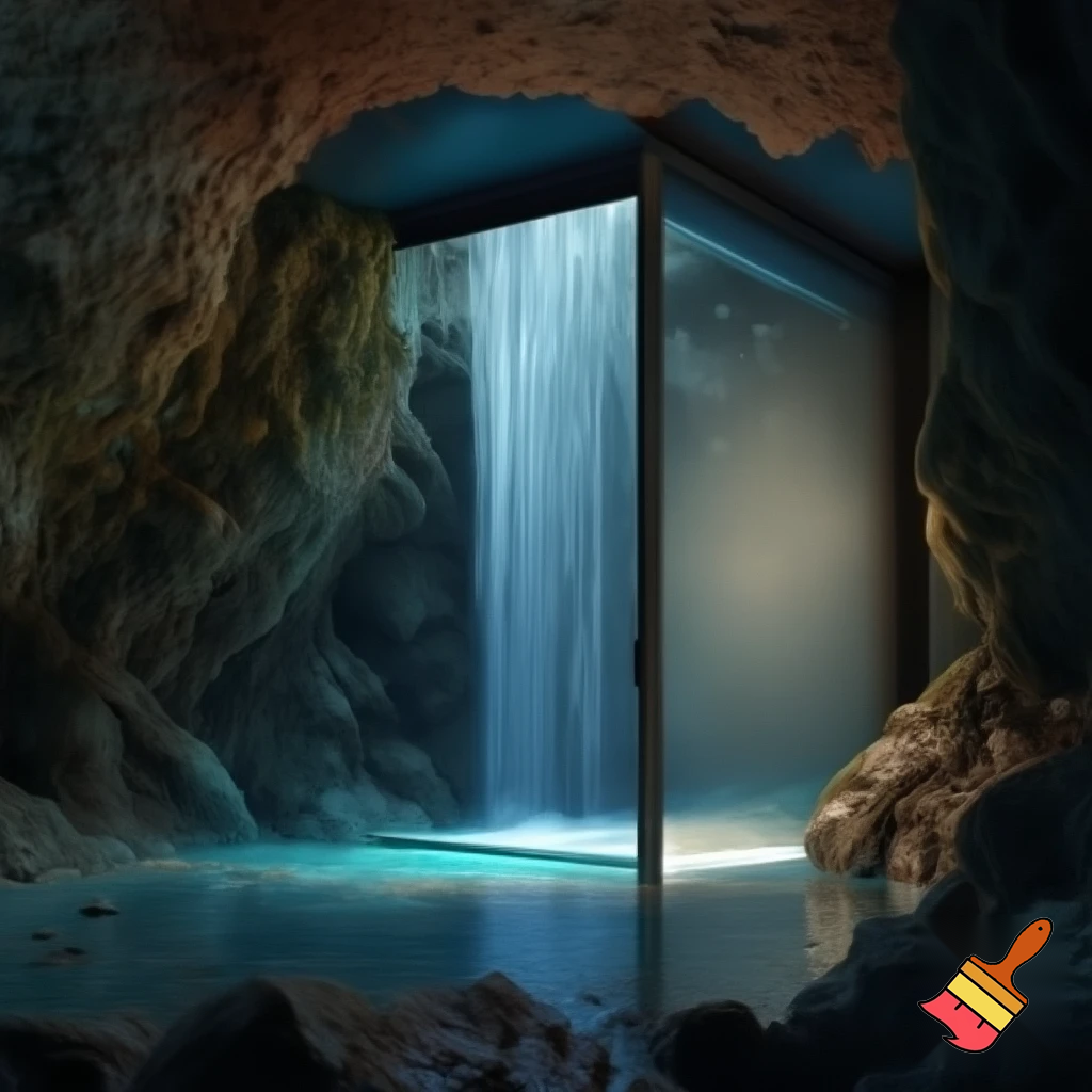 Cave with a glass door With water through