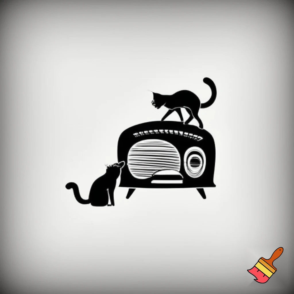 Draw a black and white old time radio set with 2 cats. The style should be simple lines and silhouettes
