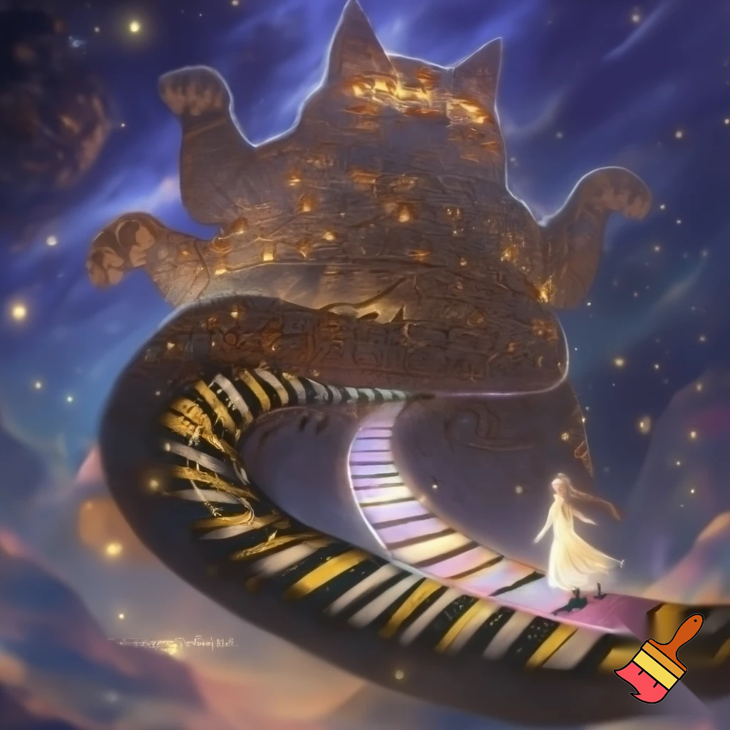 Можешь создать картинку - огромный кот на фоне сказочной природы , сквозь  его тело  проходит дорога во вселенную, его шкура состоит из домиков сказочных, хвост полосатый ввиде дороги, по этому хвосту идет юная девочка в полупрозрачном легком платьице , босиком.
