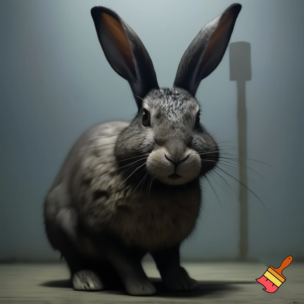 A european rabbit taking a mugshot looking sinister while having a smirk on his face