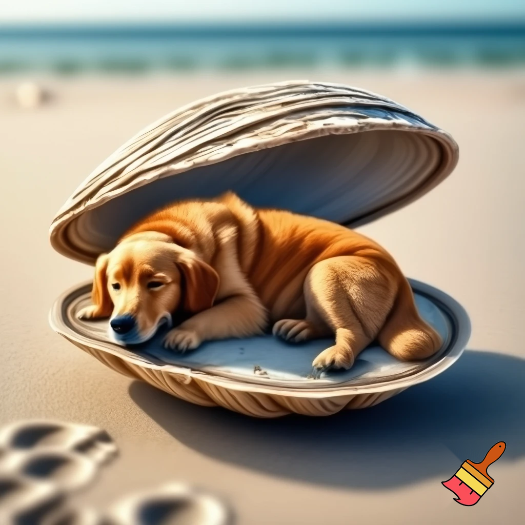 een grote mossel met een golden retriever erin die op het strand ligt