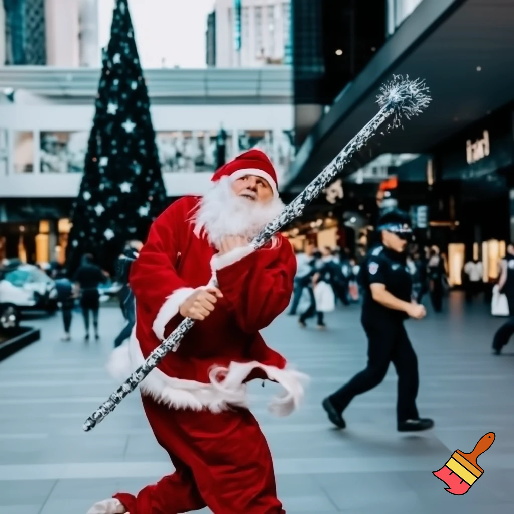 Santa Claus dancing shopping Centre walking Australian magic walking stick walking stick star running outside of the shopping centre on the Christmas tree  policeman are running