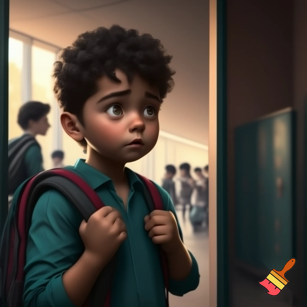 First day of school in 6th grade comic style of a boy