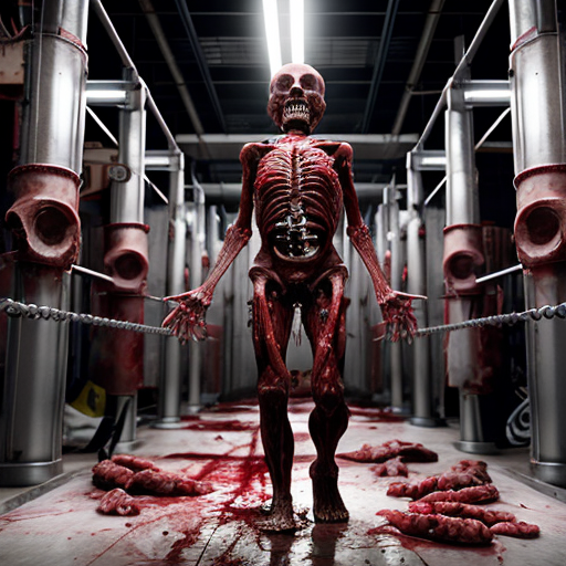 Photorealistic cinematic horror still, grim industrial human abattoir processing facility, blood-drenched concrete walls with exposed rusty pipes and flickering fluorescent lights, long conveyor belt carrying piles of naked flayed human corpses with realistic wet muscle tissue, exposed bones, and glistening blood, scattered entrails and meat chunks on the floor, workers in stained overalls and hard hats handling hooks and bodies with exhausted or horrified expressions, hanging dismembered torsos on overhead meat rails, massive background machinery like giant grinders, visceral body horror and industrial decay, inspired by Texas Chain Saw Massacre, David Cronenberg, H.R. Giger biomechanical style, and Goya's grotesque paintings, ultra-detailed textures, subsurface scattering on skin and blood, cinematic volumetric lighting, raw photorealism, 8k, horror atmosphere --ar 3:4 --stylize 50