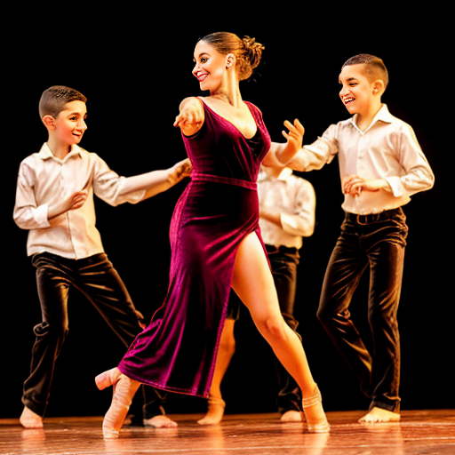 Mom dancing with group of boys a latin dance.she is wearing velvet leg slit dress.red rose on her hair.