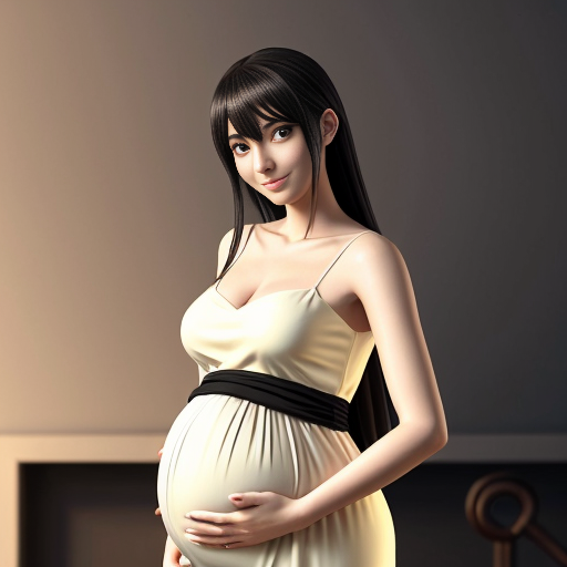 Anime style, Pregnant Albedo gently holding her belly with a warm smile, wearing a soft white and gold dress instead of armor, long flowing black hair, black wings folded peacefully behind her. Ainz Ooal Gown stands beside her calmly, resting a hand near her shoulder in a protective pose. Soft magical glow in the background, peaceful atmosphere, warm lighting, gentle expressions, wholesome and elegant composition.