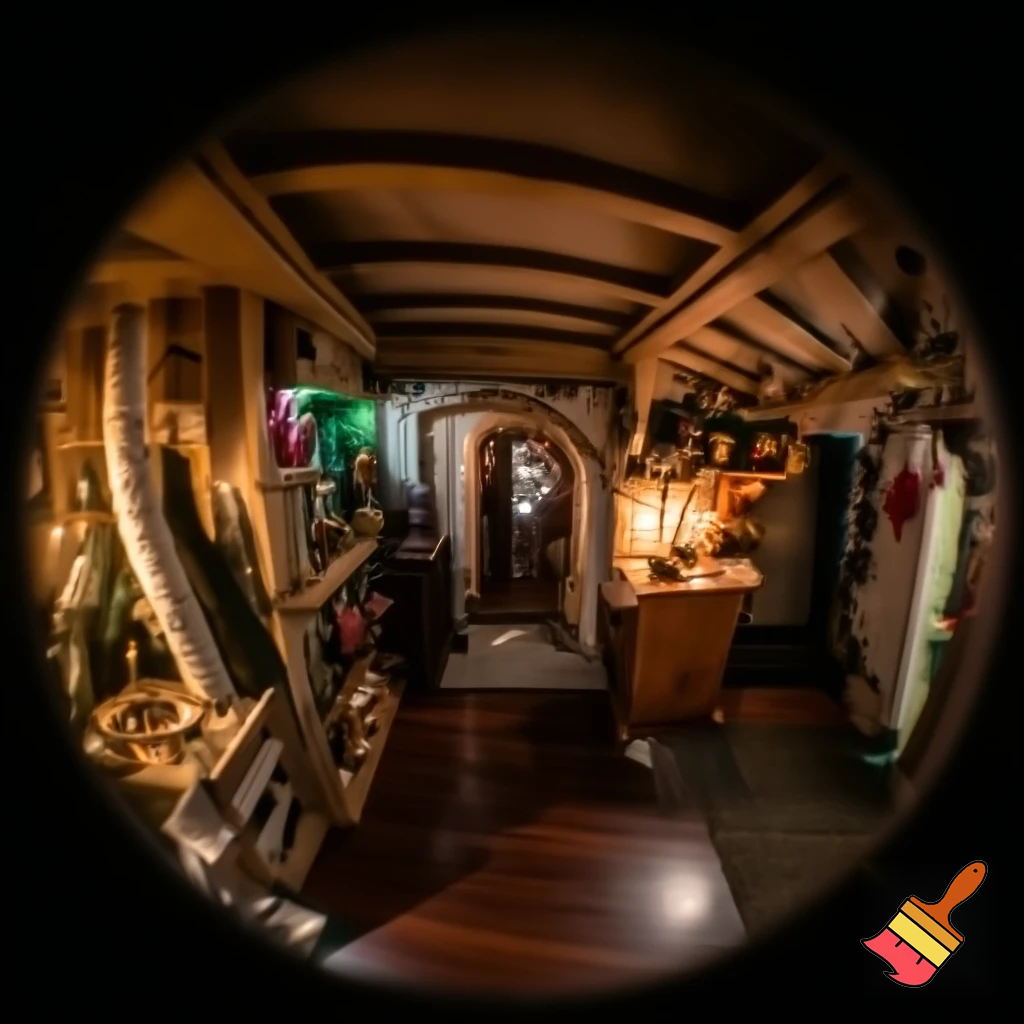 The inside of a small Christmas elf house. Visible chimney, kitchen, desk etc 