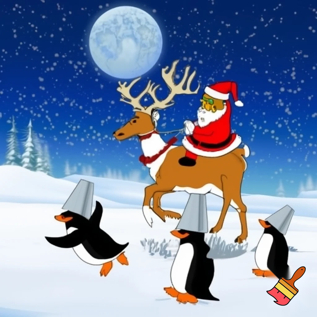 Santa clause dressed as a cat riding a reindeer in the north pole and the reindeer is chasing penguins wearing tinfoil hats
